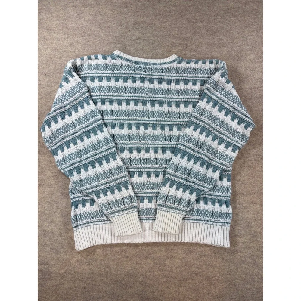 Vintage Geometric Knit Crewneck Sweater Blue Cream Textured Long Sleeve Pullover